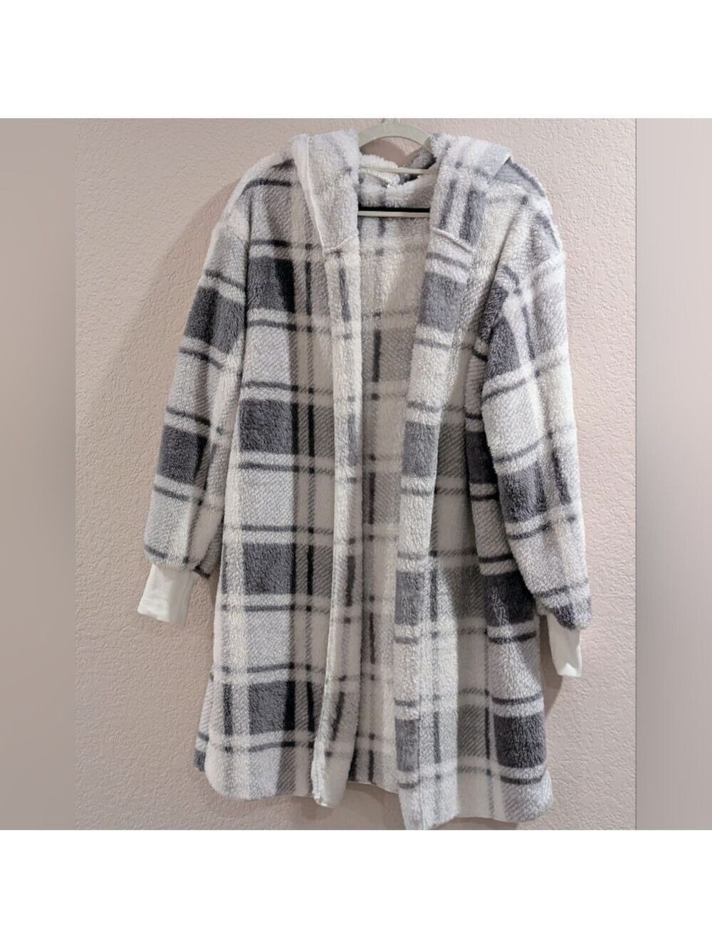 Plaid Open Front Long Cardigan Coat with Hoodie Large NWOT - Picture 2 of 5